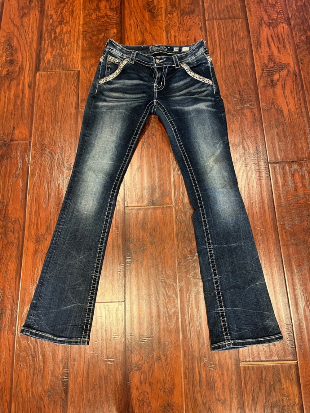 Miss Me Dark Wash Boot Cut Jeans with Contrast Stitching
